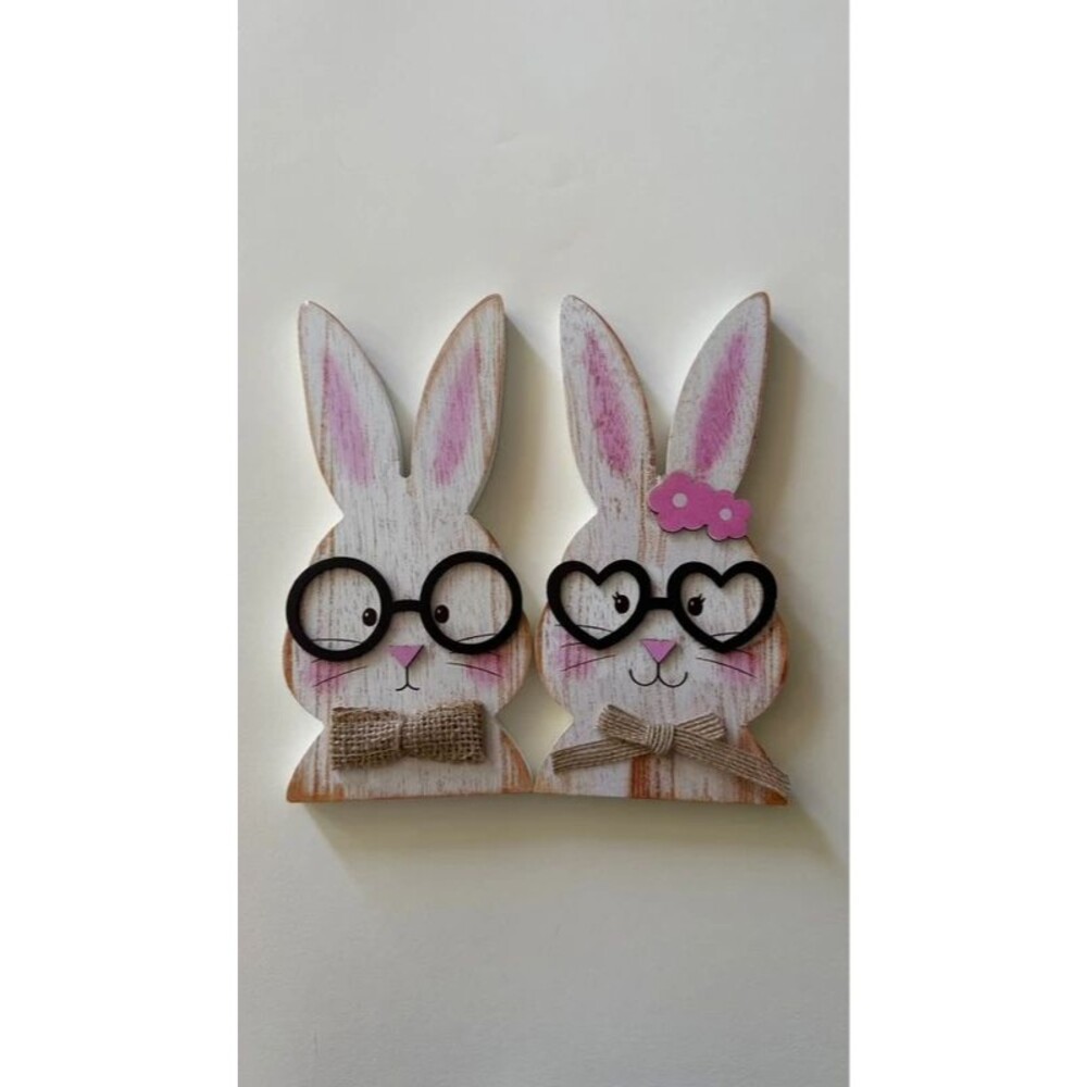Whimsical Wooden Bunny Couple Easter Decor Cottagecore Rabbit Shelf Sitter
